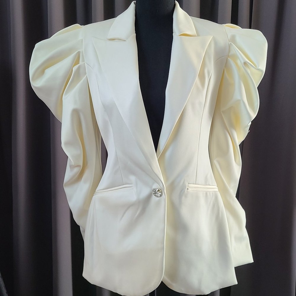 Pearl White Puff Sleeve Blazer Dress